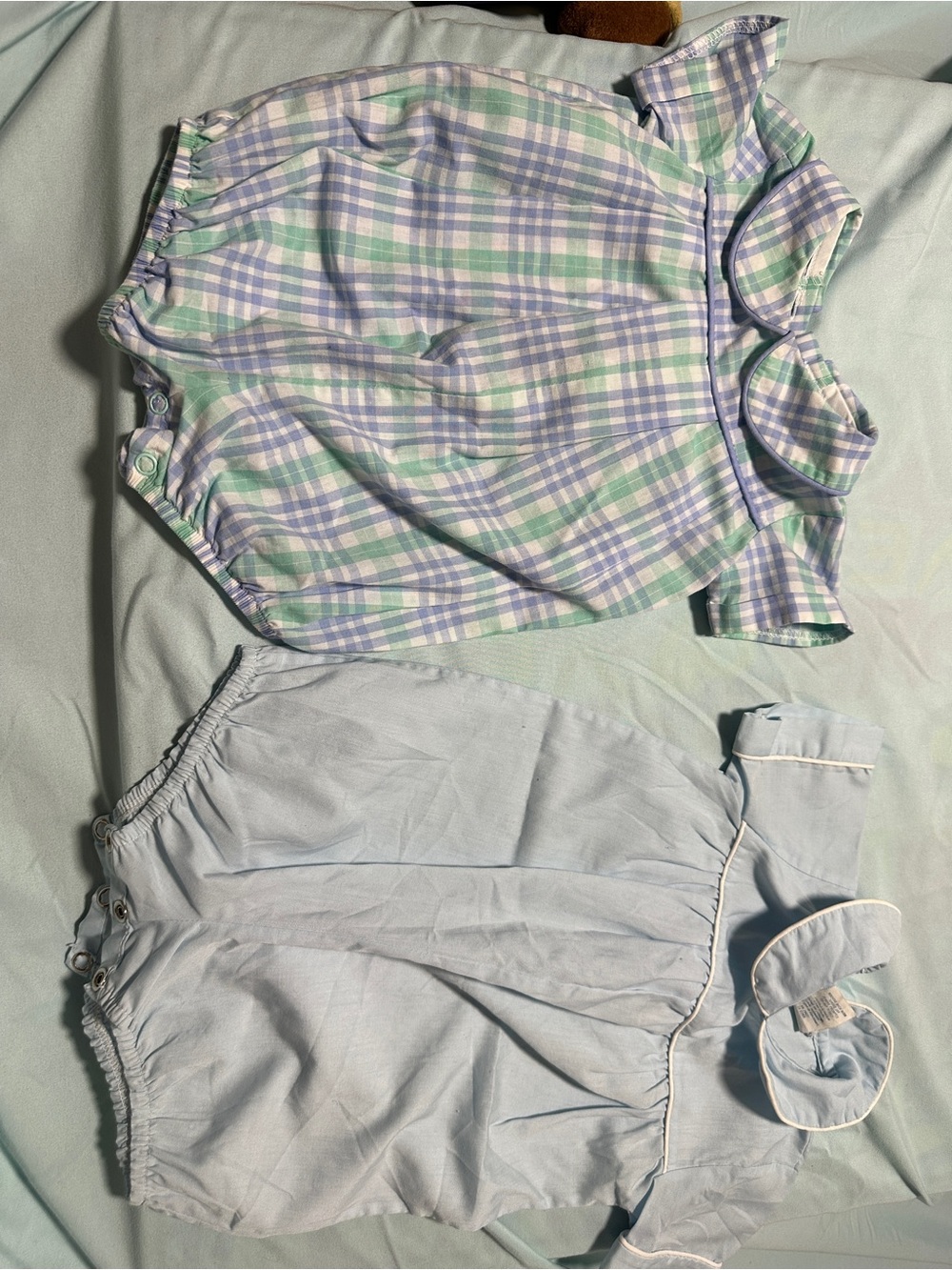 Baby Boy Two-Pack Romper Set in Pastel Plaid and Light Blue